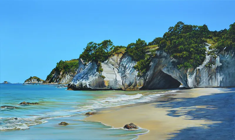 A limited edition print of Cathedral Cove by Shirley Cresswell, available at The Little Gallery Tairua