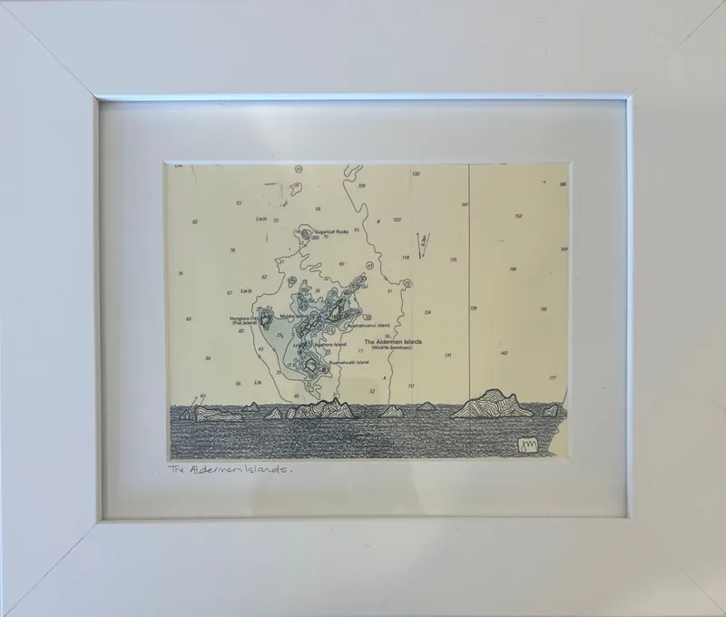 Marine chart with ink drawing of the Alderman Islands by Joanne Mahoney, available at The Little Gallery Whangamatā