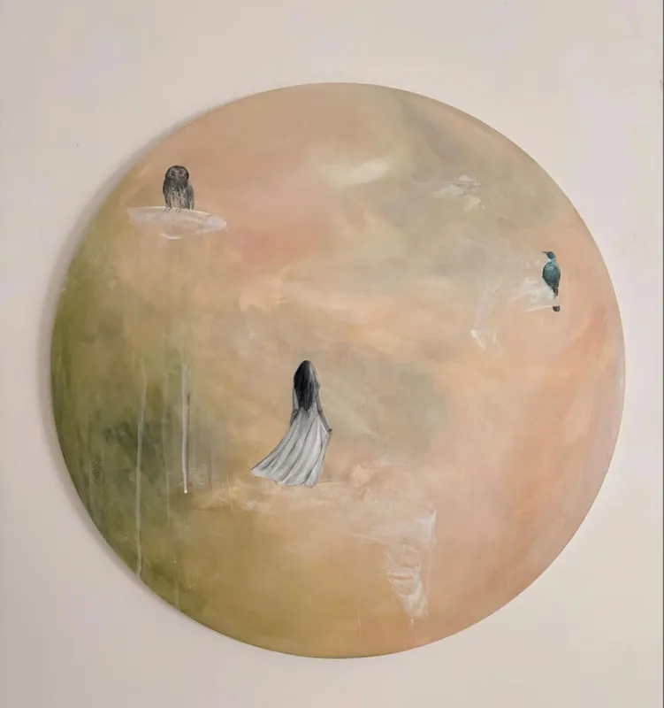 An original painting with a girl, Owl and Tui by Lena McKillop, available at The Little Gallery Tairua