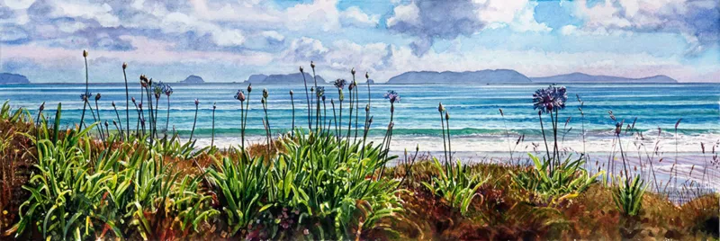 A Limited Edition fine art print of Agapanthus flowers at Opito Bay by New Zealand artist Jane Galloway, available at The Little Gallery Tairua