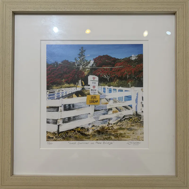 A beautiful print to remember the last Summer of the Pepe Bridge by Sue Foster, available at The Little Gallery Tairua