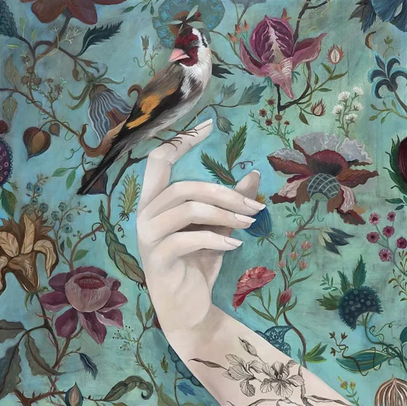 A limited edition print with a Goldfinch sitting on a girl's finger by Hayley Hamilton, available at The Little Gallery Whangamatā