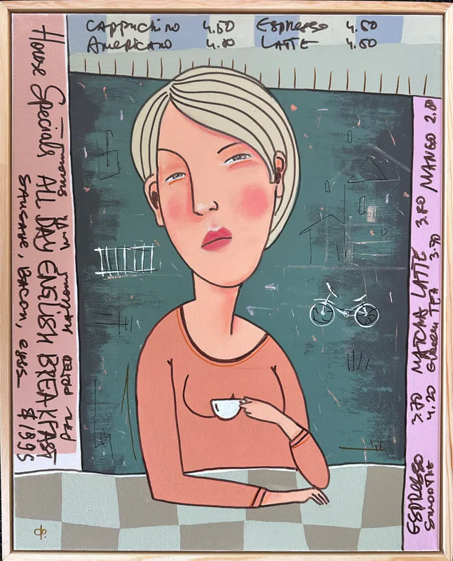 An original painting of a lady in pink drinking coffee by Nick Fedaeff, available at The Little Gallery Tairua