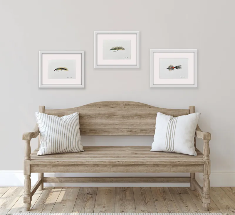 Staged paintings from the Fishing Lure series by New Zealand artist Christina Cashmore, available at The Little Gallery Whangamata