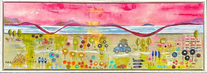 An original mixed media painting with a car on its way to the beach by Kristin Hyde, available at The Little Gallery Whangamata