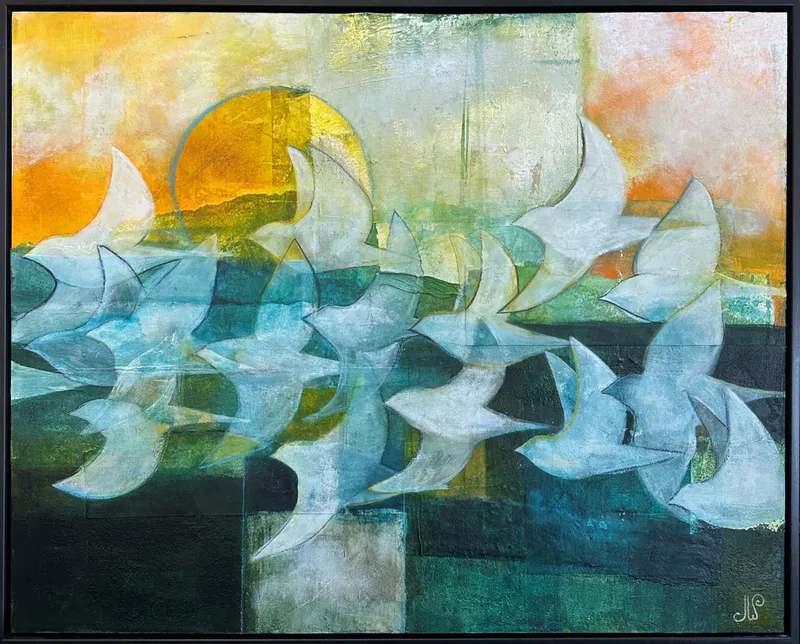 An original painting with a flock of white birds by Julie Whyman, available at The Little Gallery Tairua