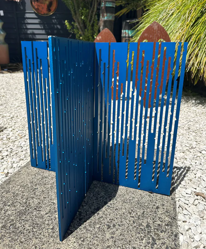 Blue anodised aluminium sculpture created by Artist Peter Muller available at The Little Gallery in Tairua