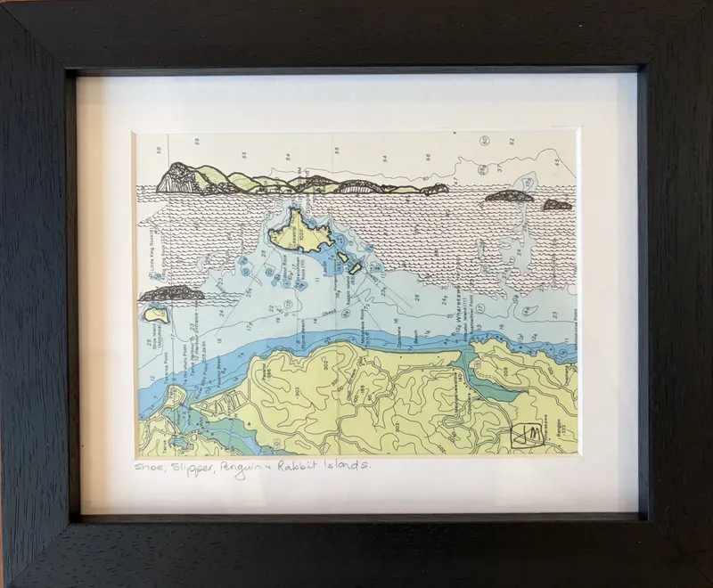 A Marine Chart with Ink drawings artwork by Joanne Mahoney, available at The Little Gallery Tairua