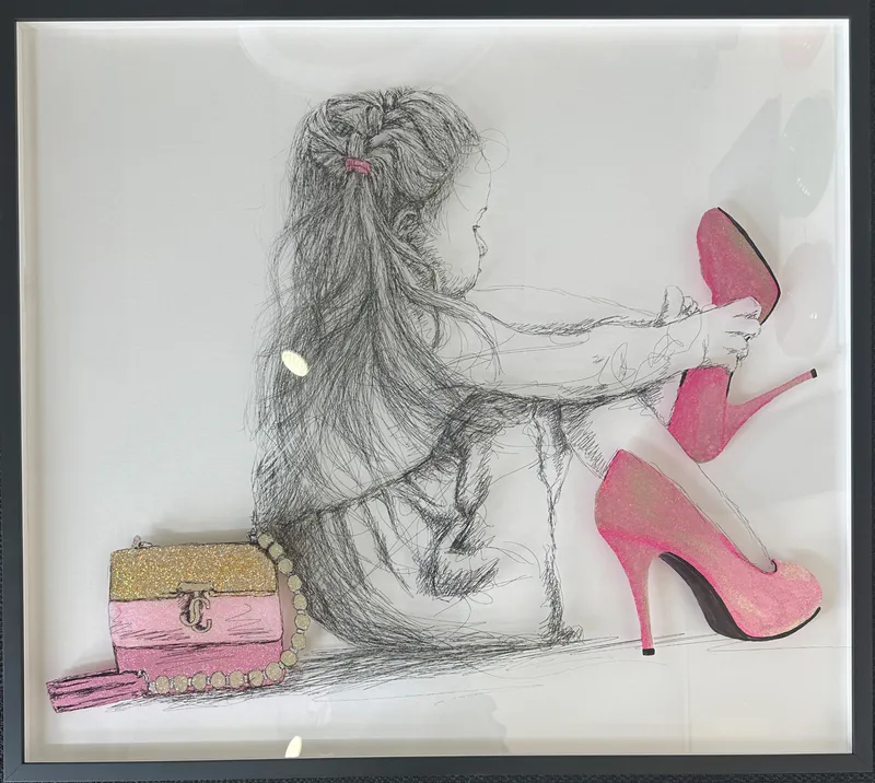Linework print with hand-painted details of young girl on Perspex by Lisa Grennell, available at The Little Gallery Tairua