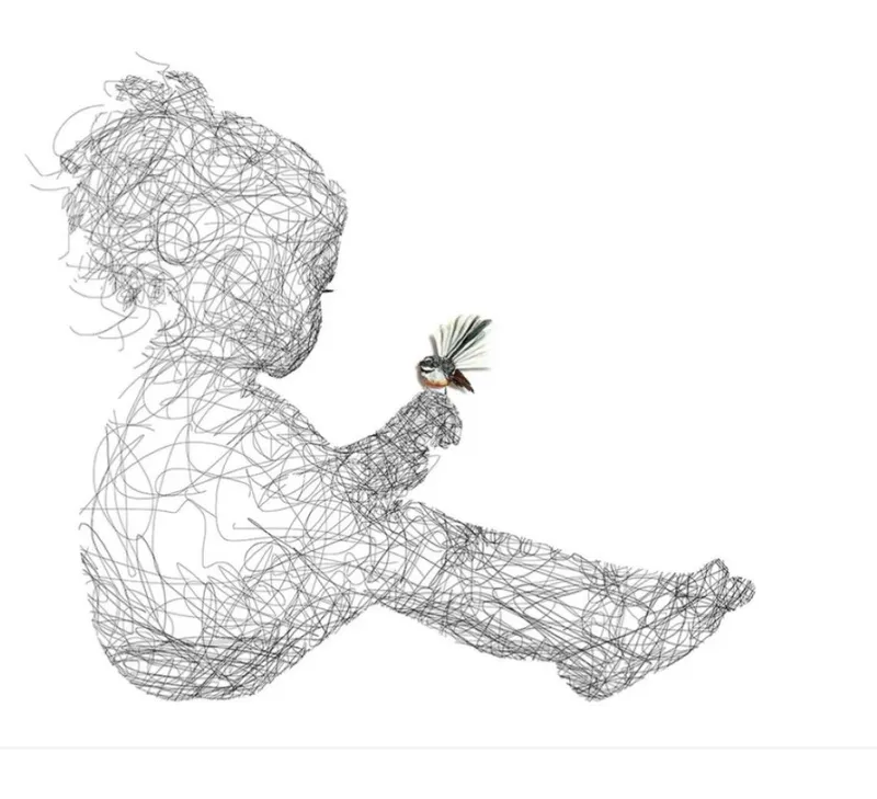 A sweet linework print of a girl holding a Fantail by Lisa Grennell, available at The Little Gallery Tairua