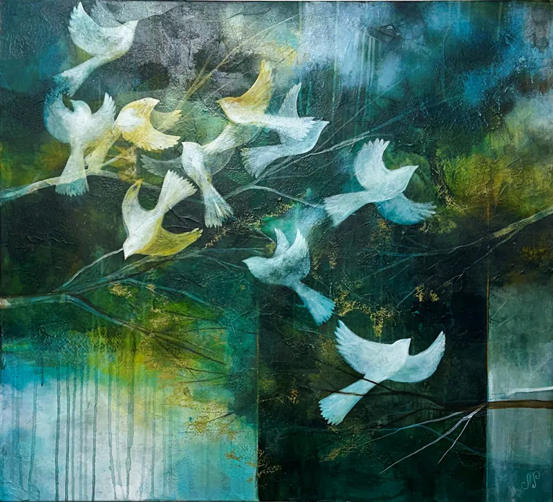 An original Mixed Media painting by Julie Whyman with soaring birds, available at The Little Gallery Whangamata