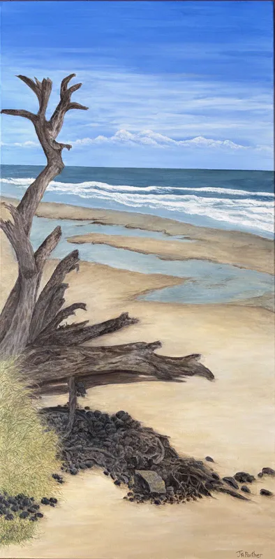 An original beach scene painting by Jennifer Panther, available at The Little Gallery Tairua