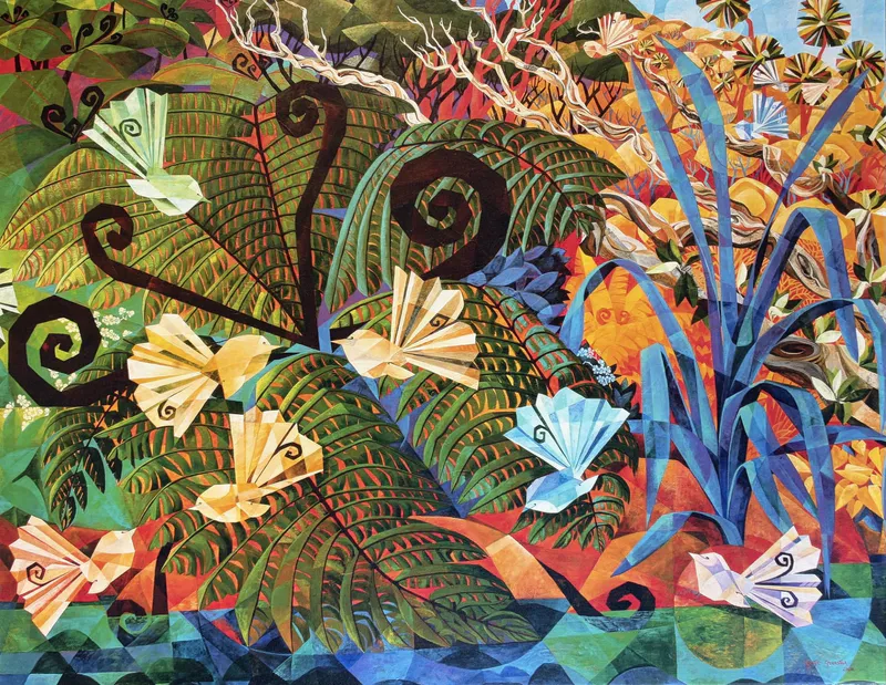 A limited edition print with Piwakawaka (NZ Fantail) in a bush setting by Souzie Speerstra, available at The Little Gallery Whangamatā