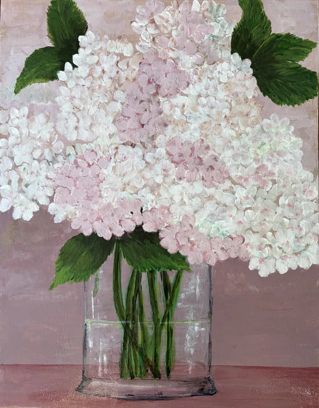 An original Acrylic painting of white and pink Hydrangeas in a glass vase by Sally Dalgety, available at The Little Gallery Tairua