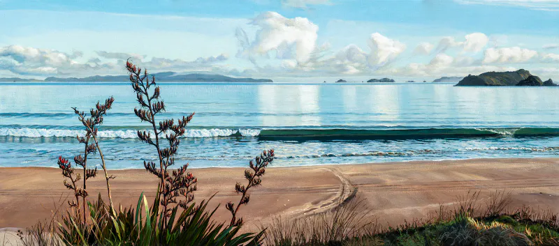 A beautiful coastal scene of Opito Bay by Jane Galloway, available at The Little Gallery Tairua