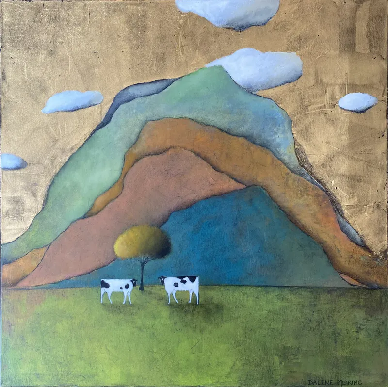 An original Mixed Media painting of a rural landscape with cows by Dalene Meiring, available at The Little Gallery Tairua