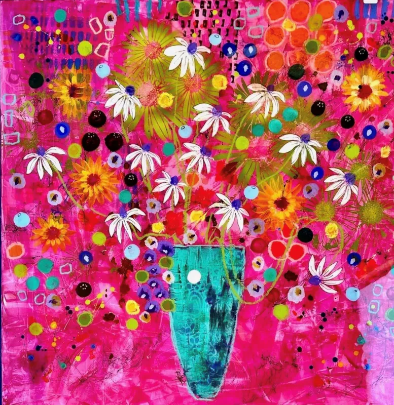 An original bright and joyful floral painting by Kristin Hyde, available at The Little Gallery Whangamatā