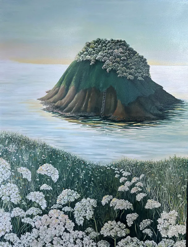 A whimsical contemporary painting of an island with flowers by New Zealand artist Bernie Kirkham, available at The Little Gallery Whangamata