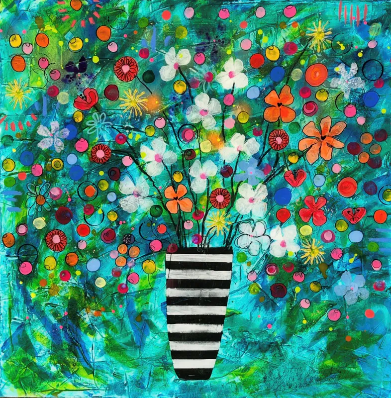 A bright floral painting of flowers in a vase by Kristin Hyde, available at The Little Gallery Whangamata