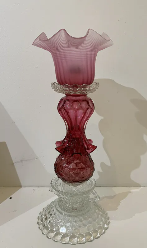 Candelabra made from recycled glass trinkets by Sassy Maz Glass, available at The Little Gallery Whangamata