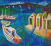 A colorful oil painting on canvas by Tairua Artist Souzie Speerstra of Ngapipi Boat Sheds available at The Little Gallery in Tairua