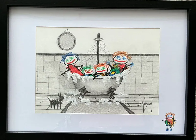 An original sketch by John Wilson depicting children sharing a bubble bath, available at The Little Gallery Tairua