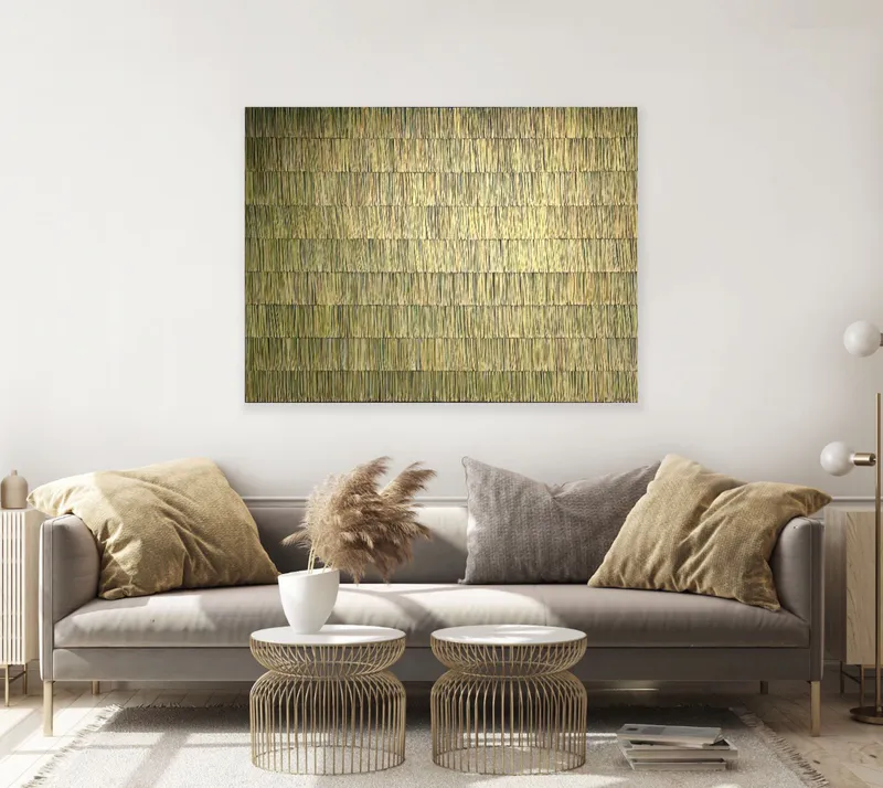 An abstract large painting with gold metallic paint that shimmers by Lisa Ormsby available at The Little Gallery in Whangamata