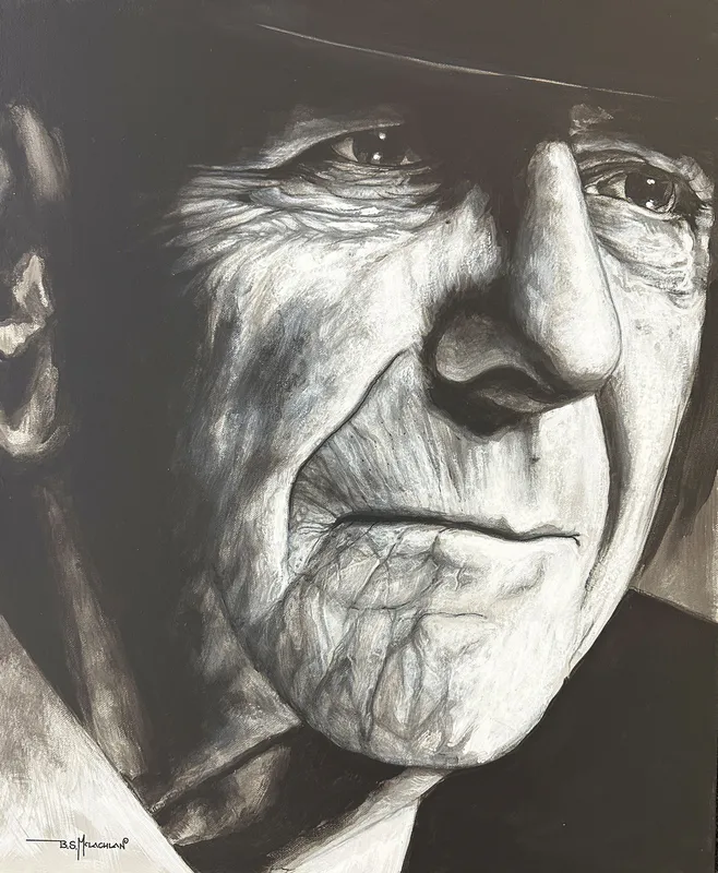 An original Acrylic realism painting of Leonard Cohen by Bruce McLachlan, available at The Little Gallery Whangamatā