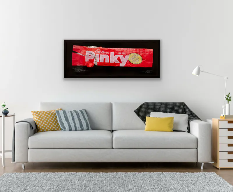Pinky is A limited edition print by Simon Lewis Wards of the Pinky Bar wrapper available at The Little Gallery Whangamata and Tairua