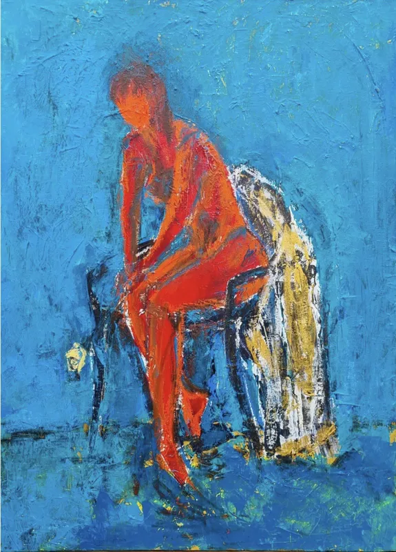 An incredibly powerful painting with a lady resting on a chair by Peter Augustin, available at The Little Gallery Tairua
