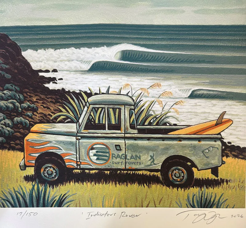 A limited edition print by Tony Ogle depicting a pick up truck parked at the beach, available at The Little Gallery Tairua