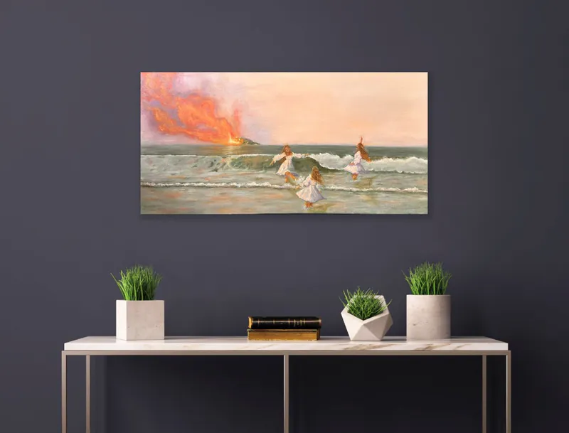 A whimsical artwork with ladies in long flowing dresses dancing in the crashing waves by Helena West, available at The Little Gallery Tairua