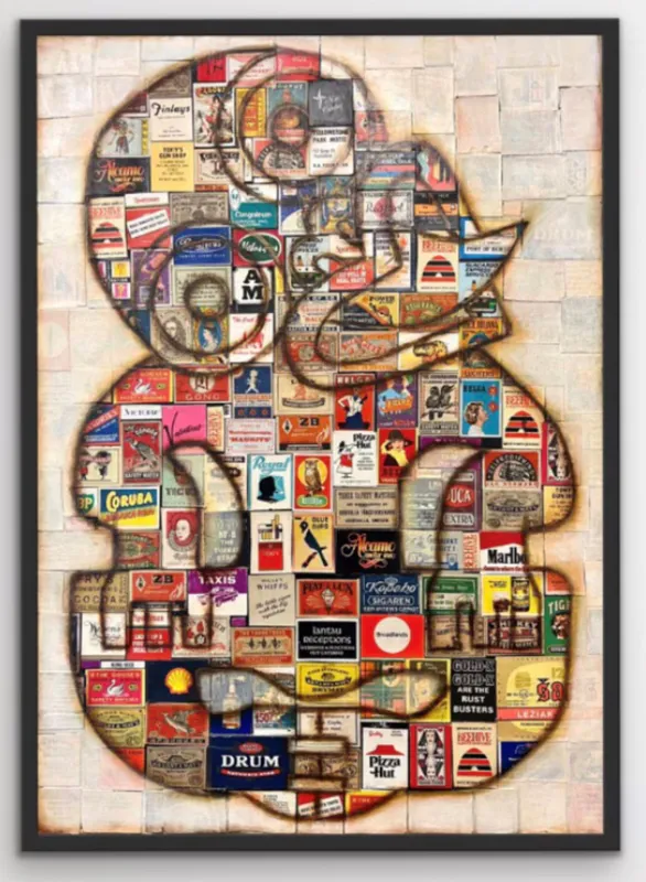 A tiki painting made with matchboxes by Artist Lyndy Wilson, available at The Little Gallery in Tairua