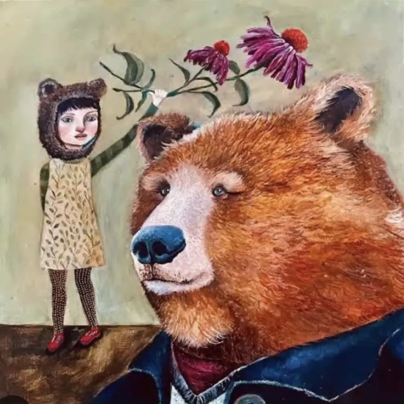A limited edition print of a girl and a bear by Hayley Hamilton, available at The Little Gallery Tairua