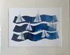 A Monoprint and Stitching artwork with sailing boats by Kate Hill, available at The Little Gallery Tairua