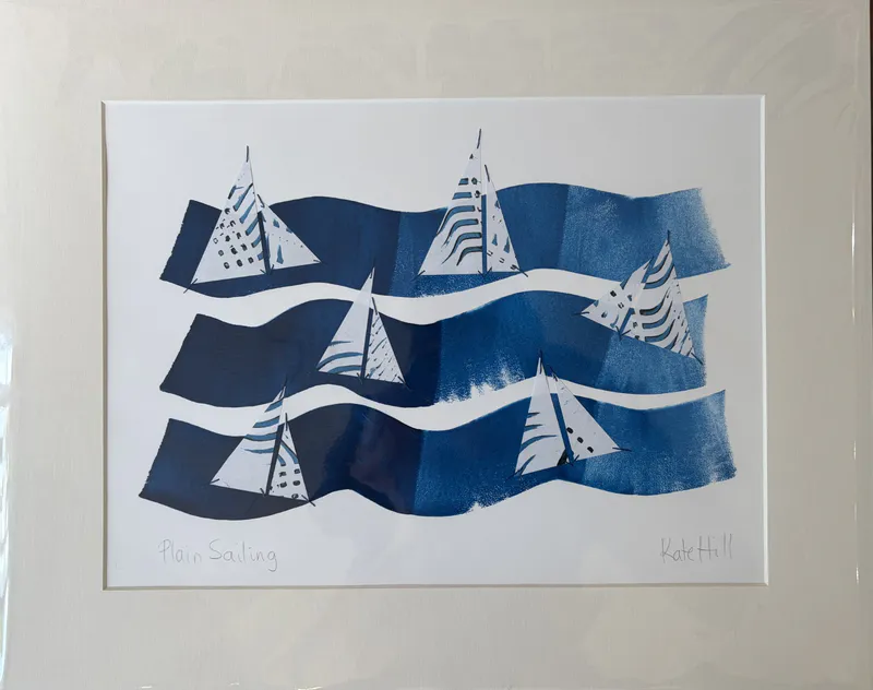 A Monoprint and Stitching artwork with sailing boats by Kate Hill, available at The Little Gallery Tairua