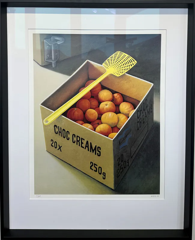 The yellow fly swat framed by Artist Michael Smither available at The Little Gallery Whangamata
