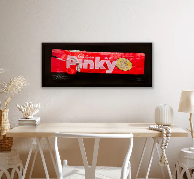Pinky is A limited edition print by Simon Lewis Wards of the Pinky Bar wrapper available at The Little Gallery Whangamata and Tairua