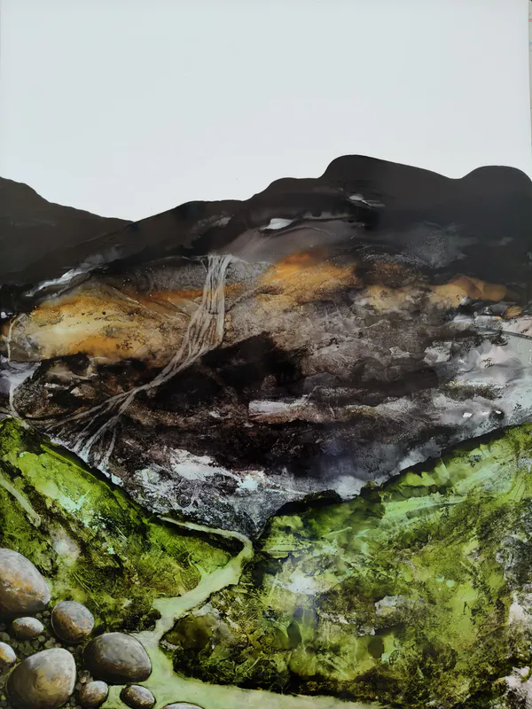An original Alcohol Ink painting of a mountainous scene by Michael Harrison, available at The Little Gallery Tairua