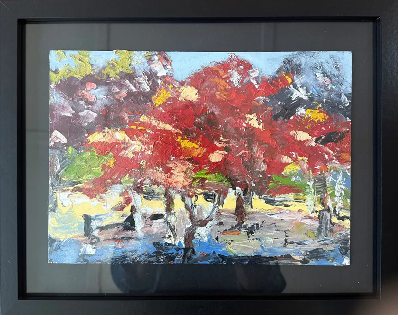 An original Cold Wax artwork of trees turning Autumn colours by Kay de Blaauw, available at The Little Gallery Tairua