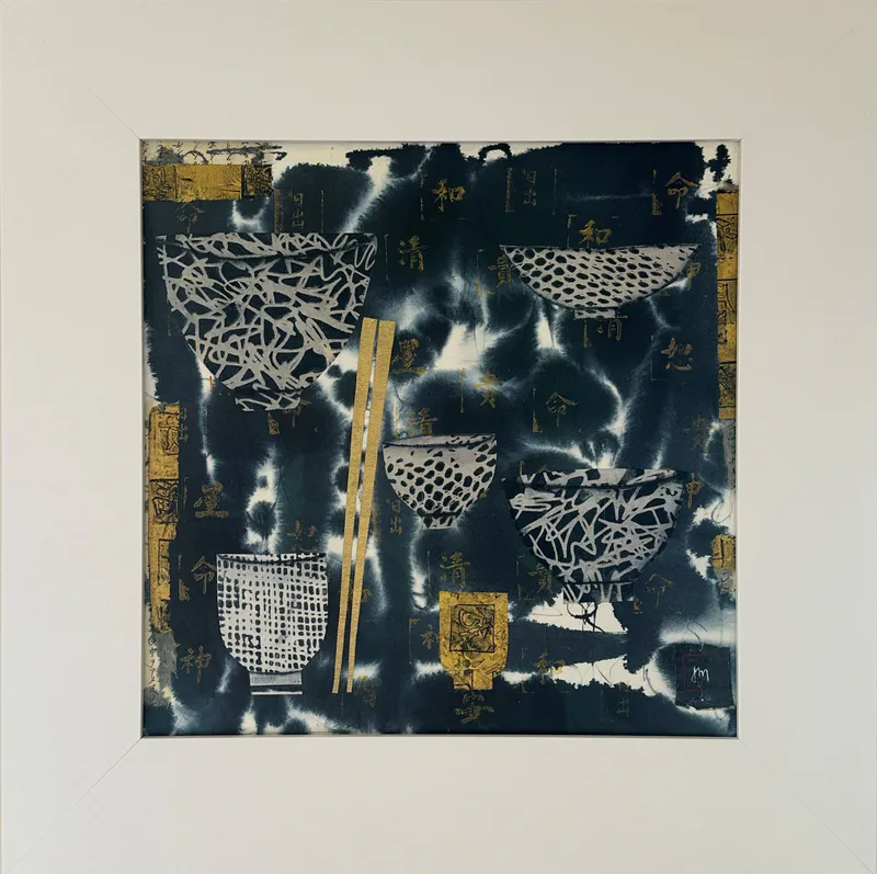A mixed media painting of boro blue bowls by Artist Joanne Mahoney available at The Little Gallery in Whangamata