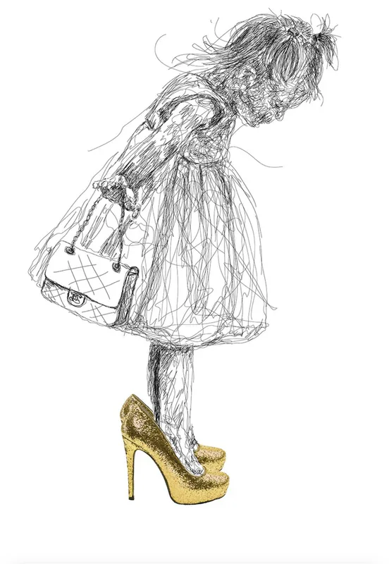 An adorable depiction of a little girl trying on her mum's shoes by Lisa Grennell, available at The Little Gallery Tairua