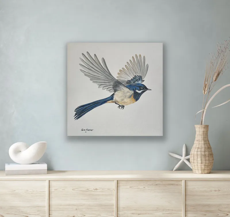 An original painting capturing a Piwakawaka in mid flight by Sue Foster, available at The Little Gallery Whangamata