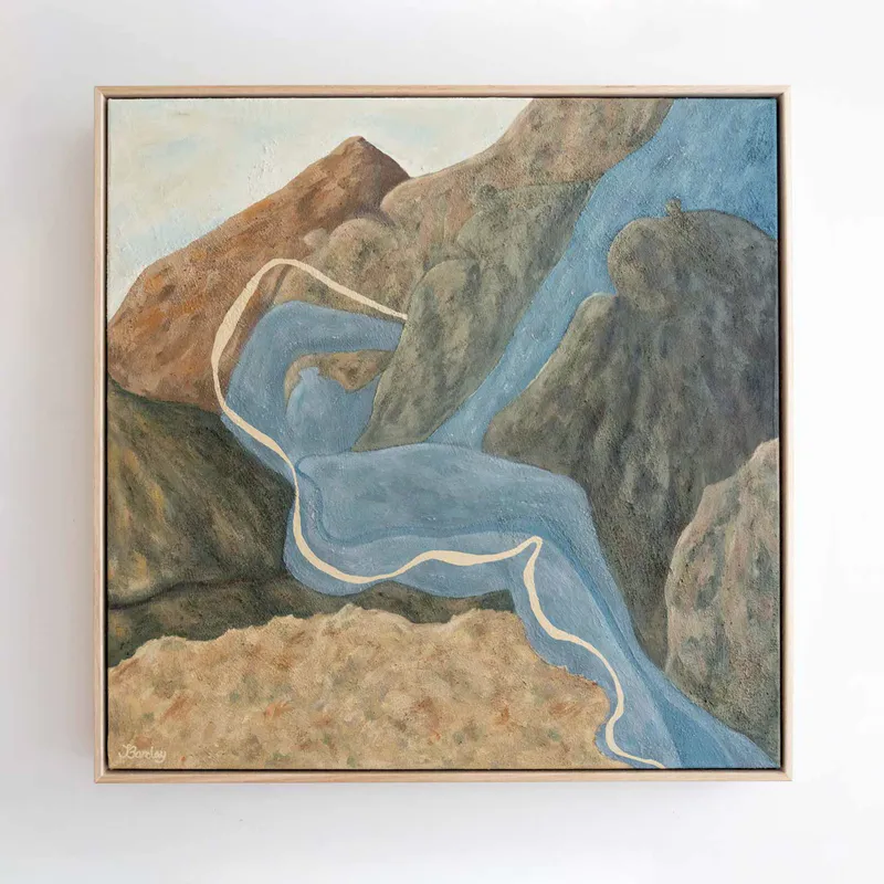 An original contemporary painting of mountains and a river by New Zealand artist Jade Barclay, available at The Little Gallery Tairua