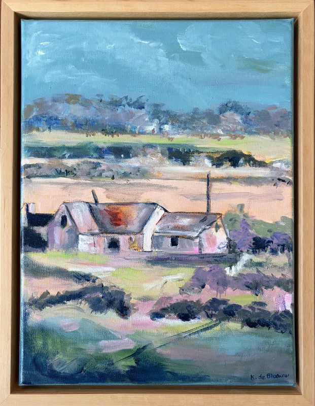 An original painting of a farmhouse with pastel meadows by Kay de Blaauw, available at The Little Gallery Tairua
