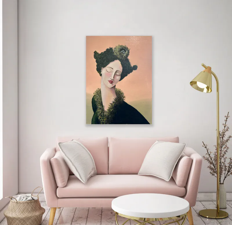 An in-situ whimsical contemporary painting of woman with a nest in her hair by New Zealand artist Bernie Kirkham, available at The Little Gallery Tairua