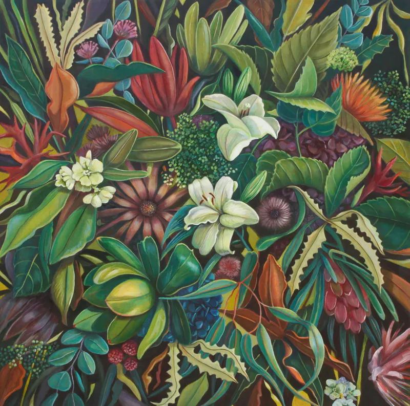An original Acrylic painting of a floral arrangement by Jo Gallagher, available at The Little Gallery Whangamata