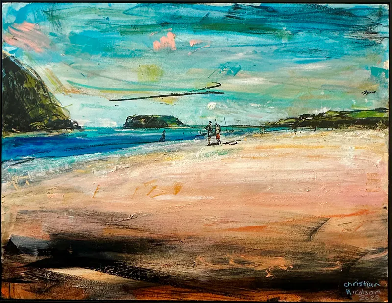 A contemporary painting of people talking at the bar in Whangamata by New Zealand artist Christian Nicholson, available at The Little Gallery Whangamata