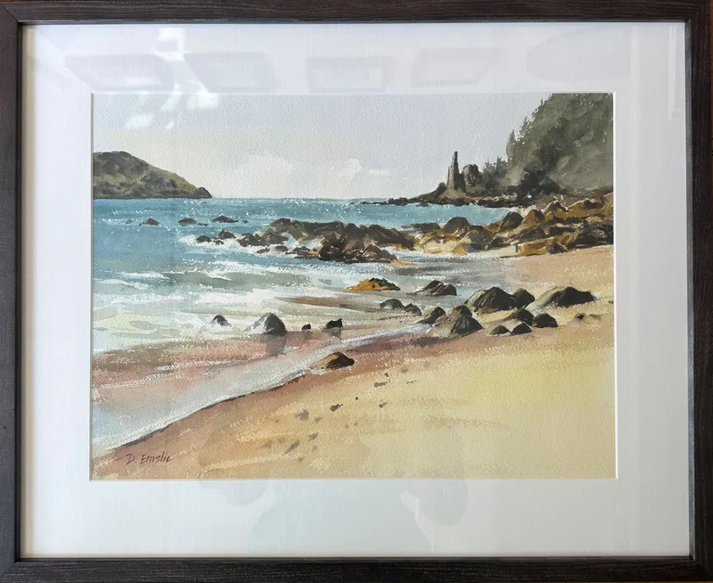 An original Watercolour depicting the South end of Tairua Beach by Debbie Emslie, available at The Little Gallery Tairua