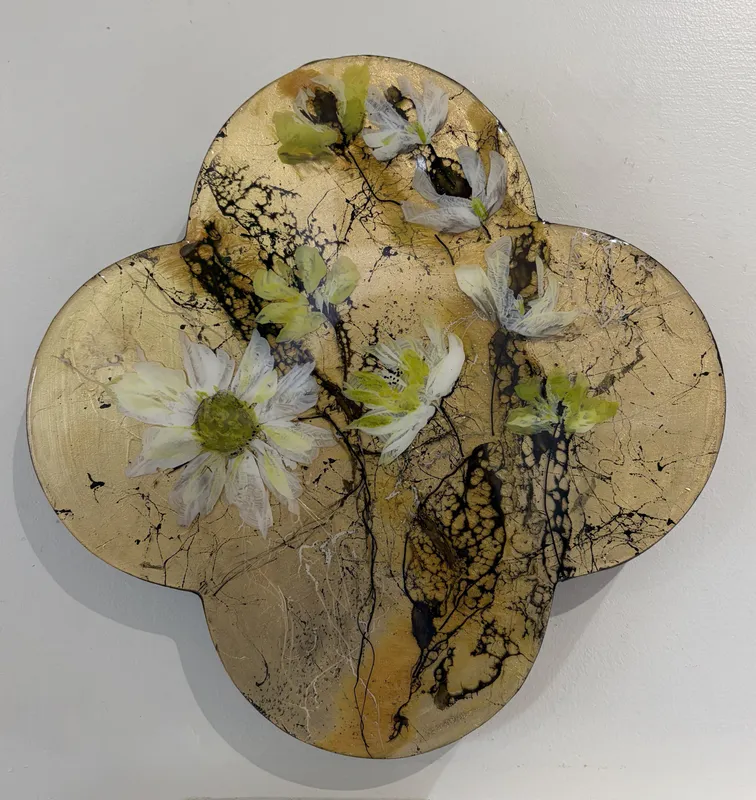 Gold Leaf and Resin Quatrefoil with painted flowers by Kristin Hyde, available at The Little Gallery Tairua